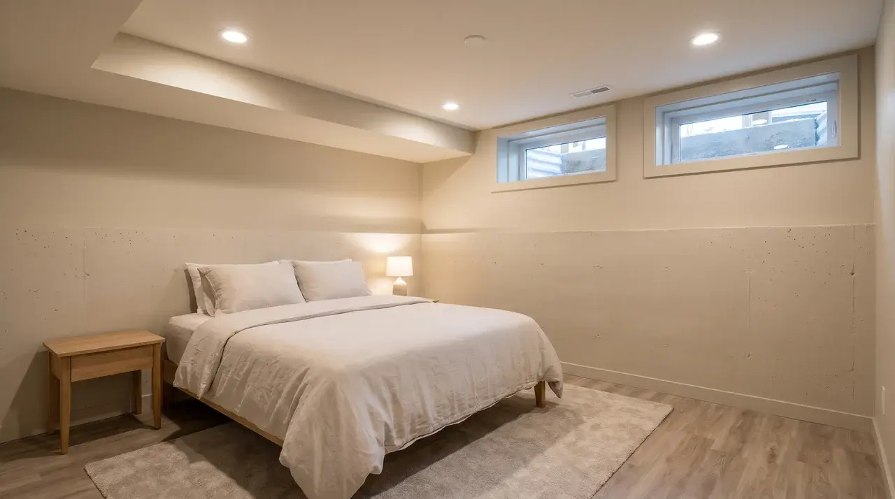 Basement guest suite with elevated egress windows and bed