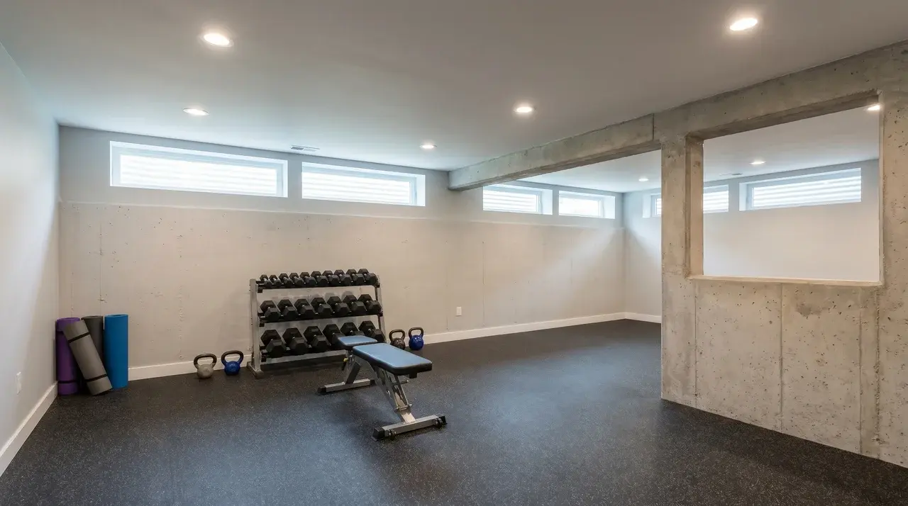 Basement gym with workout equipment and elevated windows