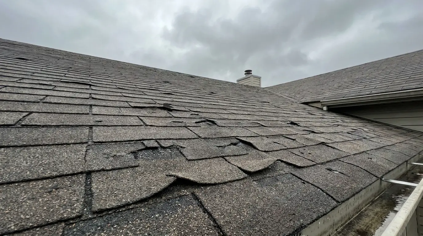 Damaged asphalt shingles on sloped rooftop under cloudy sky