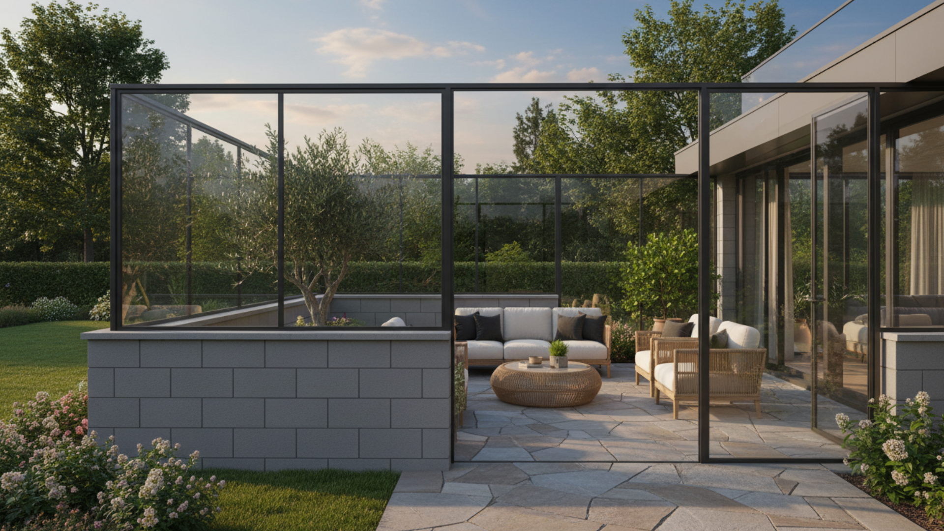 half wall patio enclosure with glass panels seating area