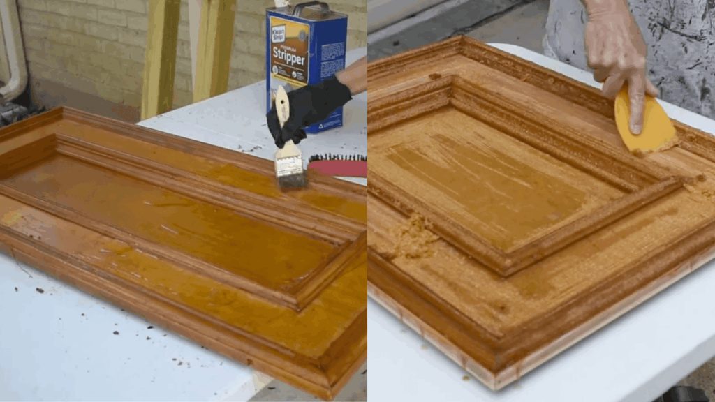 hand applying paint stripper to wooden cabinet door and scraping softened finish with tool on work table