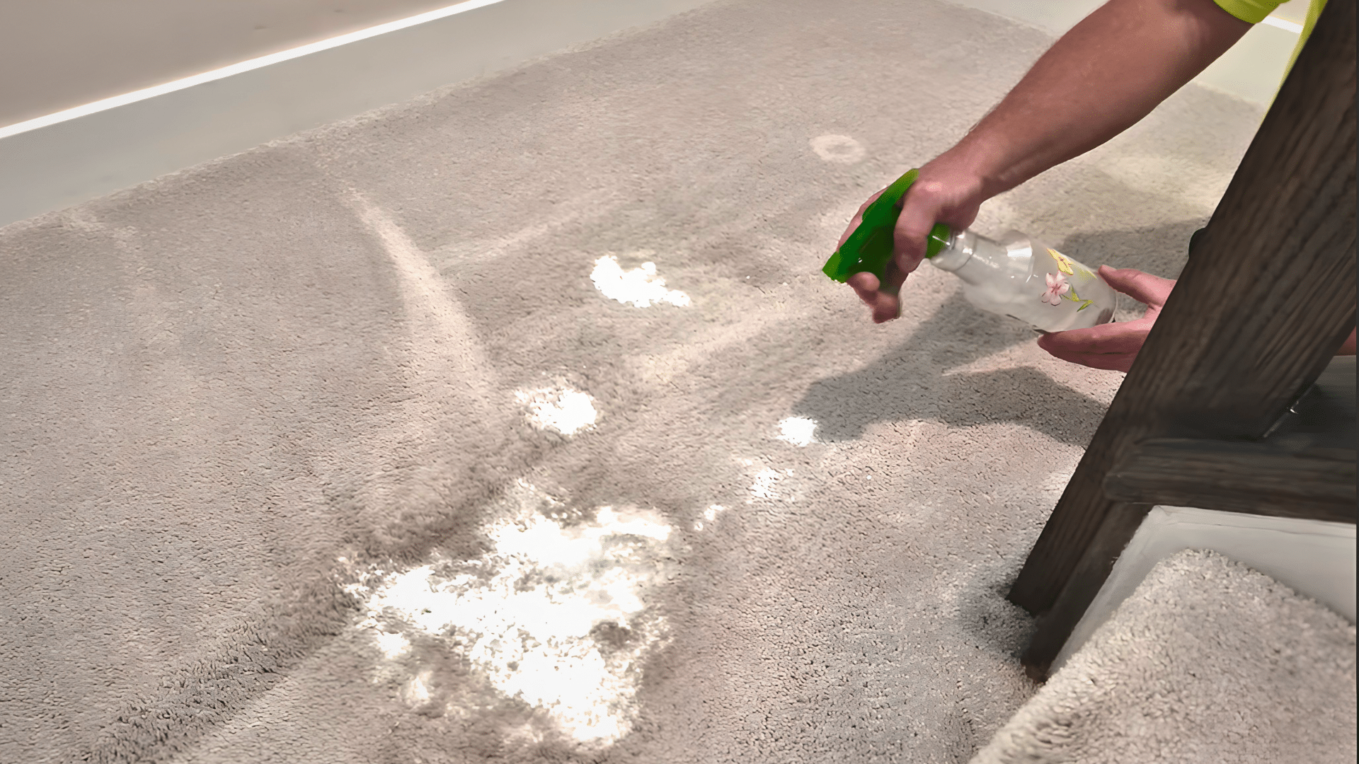 hand spraying vinegar solution onto baking soda sprinkled on a grey carpet beside a chair