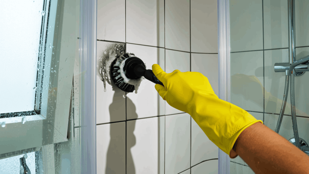 hand wearing yellow glove scrubbing shower tile mold using brush to clean grout and remove buildup