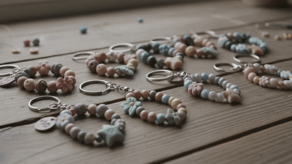 handmade beaded keychains spread on wooden table with pastel colors