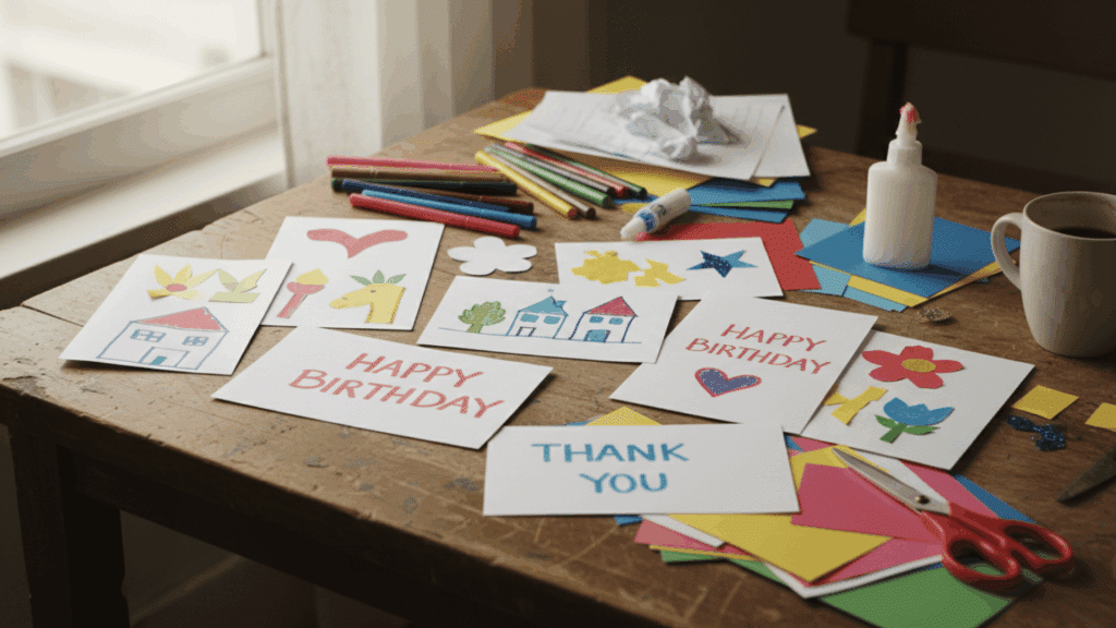 handmade cards and craft supplies spread across table near window light