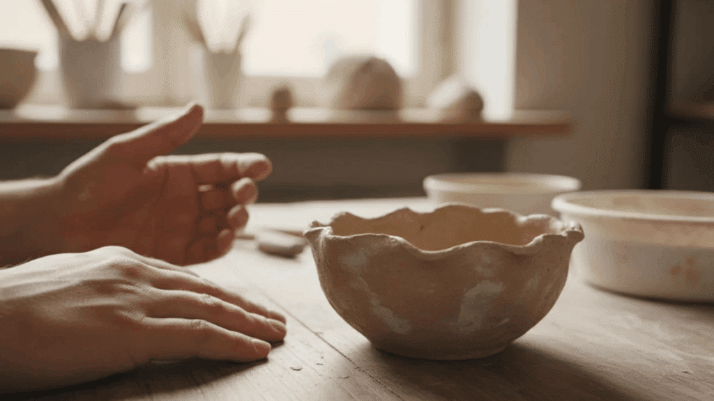 hands shaping a clay bowl on wooden table in warm sunlight workspace