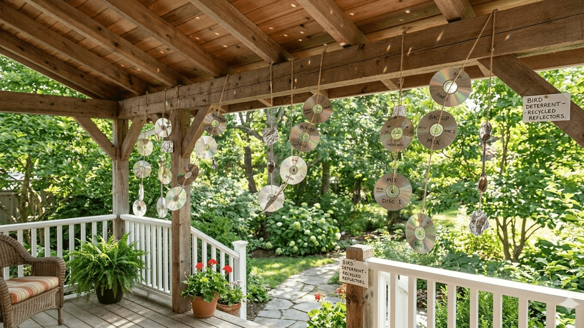 hanging cds reflecting light to scare birds away