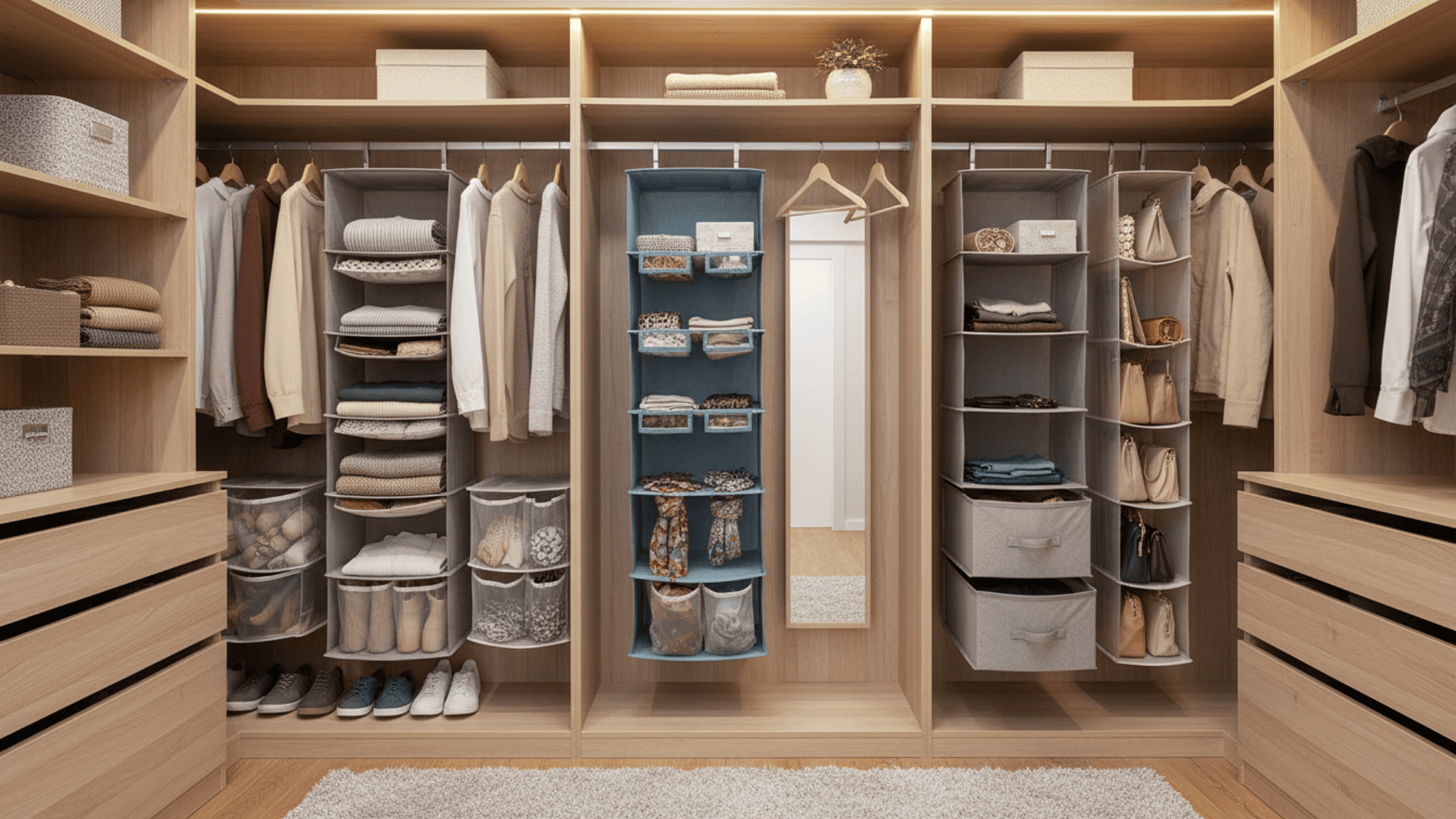 hanging closet organizers with clothes shelves and storage bins for bedroom organization ideas