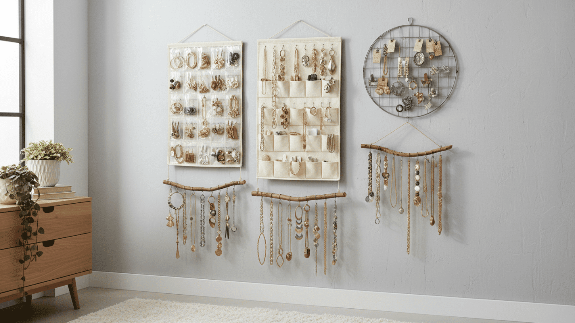 hanging jewelry organizers with necklaces and accessories for simple bedroom organization ideas