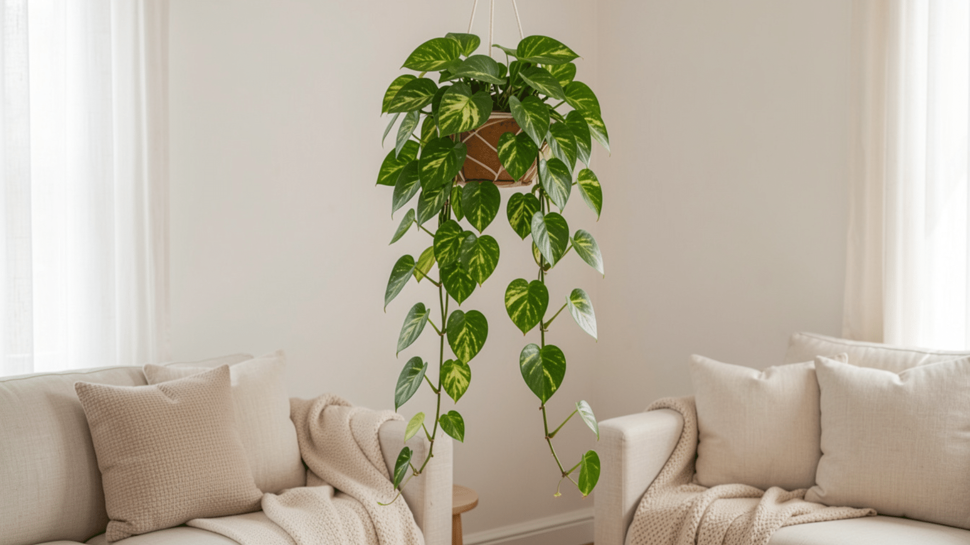 hanging pothos plant above sofa with trailing leaves showing popular house plants in cozy living room