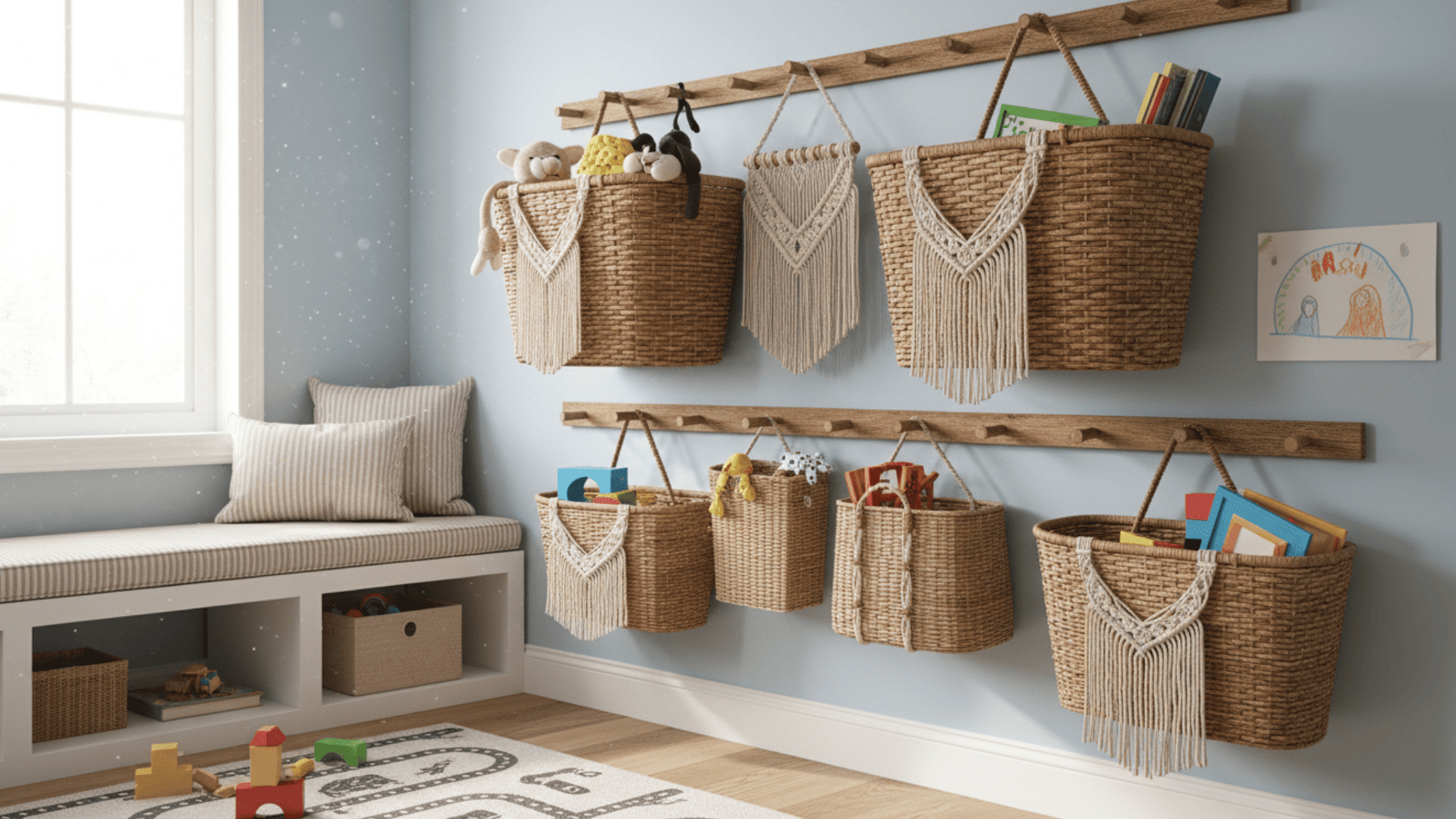 hanging wall baskets for kids toys books and supplies in neat playroom storage ideas setup