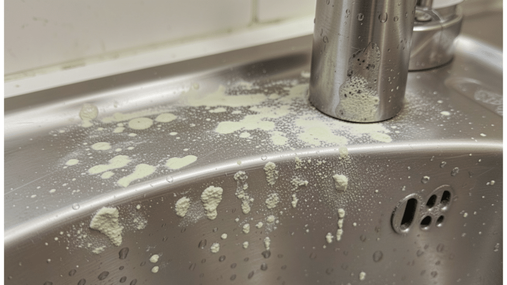 hard water stains and mineral buildup on stainless steel sink near faucet causing white spots and residue