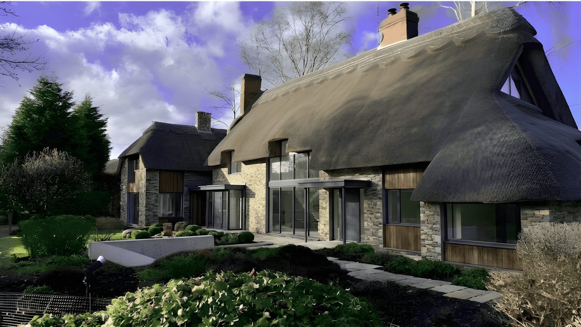 harming cottage with a thatched roof type, giving it a traditional and rustic appearance