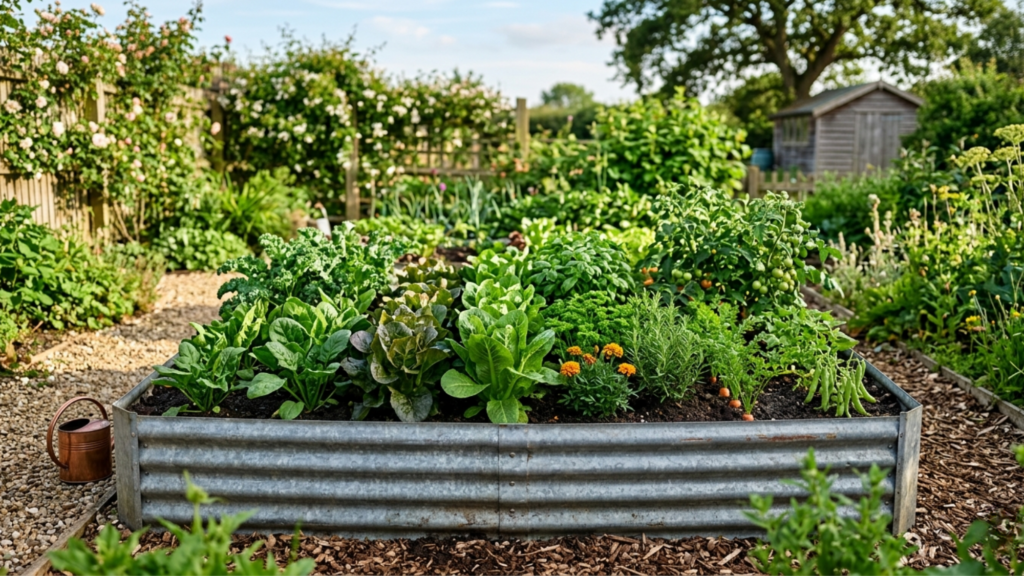 healthy metal raised garden bed with thriving plants showing results of how to layer a raised garden bed correctly