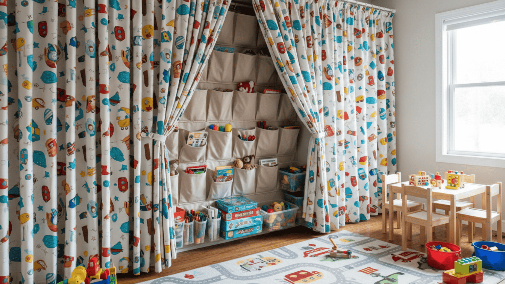 hidden storage behind curtains with shelves and pockets keeping toys tidy in kids playroom