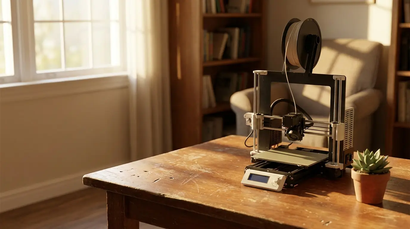 3D printer on wooden table in sunlit room with bookshelf and small plant