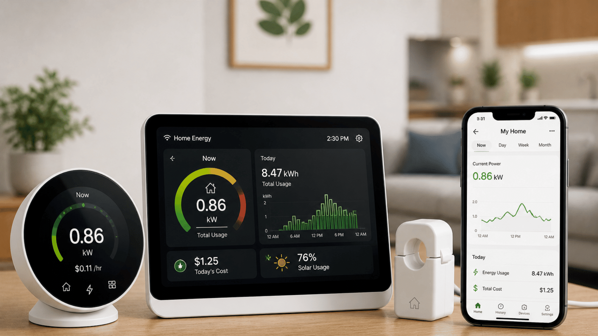 home energy monitor devices with tablet display smart meter and phone app showing real time power usage and savings