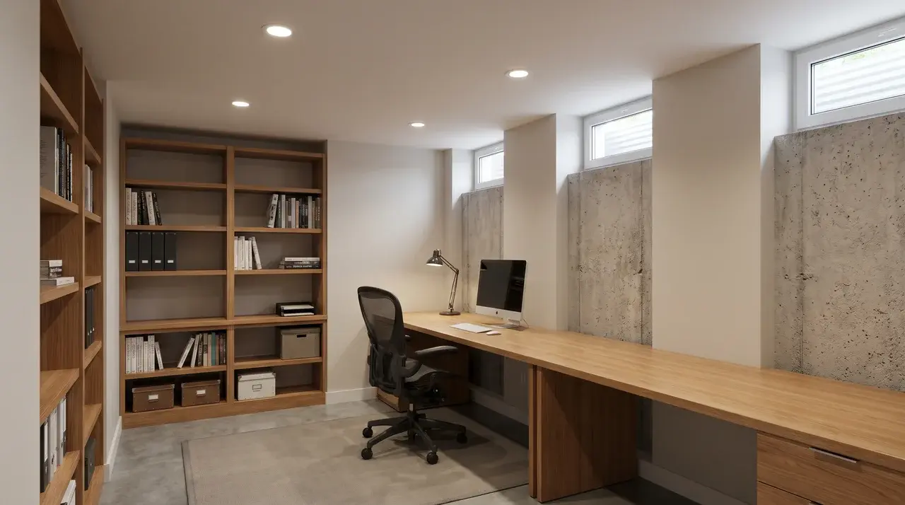 Basement home office with desk and elevated windows