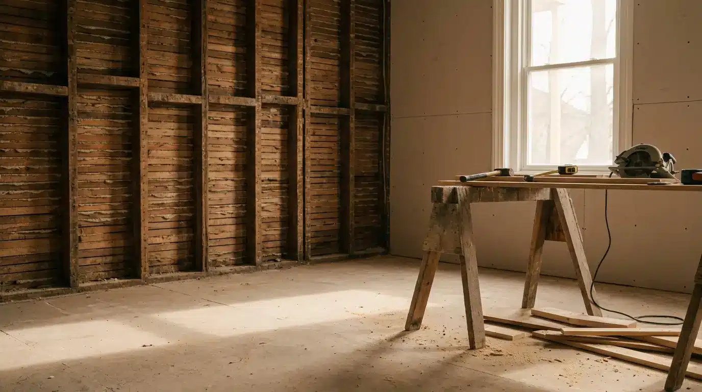 Wooden sawhorse table with tools in a partially renovated room with exposed wall studs