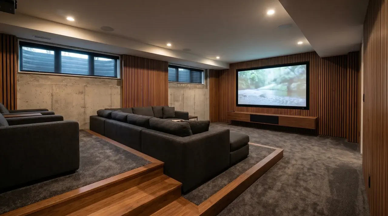 Luxury daylight basement home theater with tiered seating and high basement windows