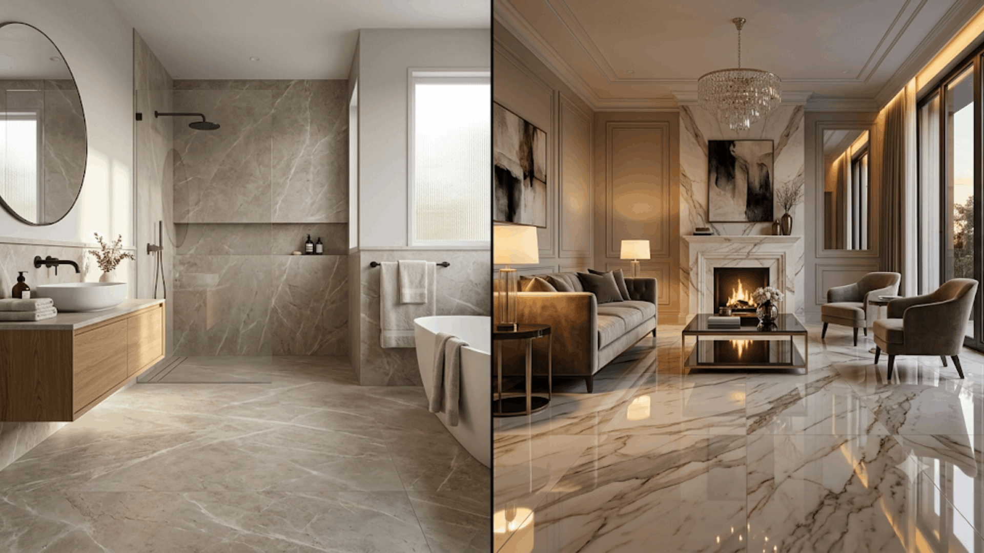 honed marble bathroom beside polished marble living room with glossy luxury flooring interior (1)