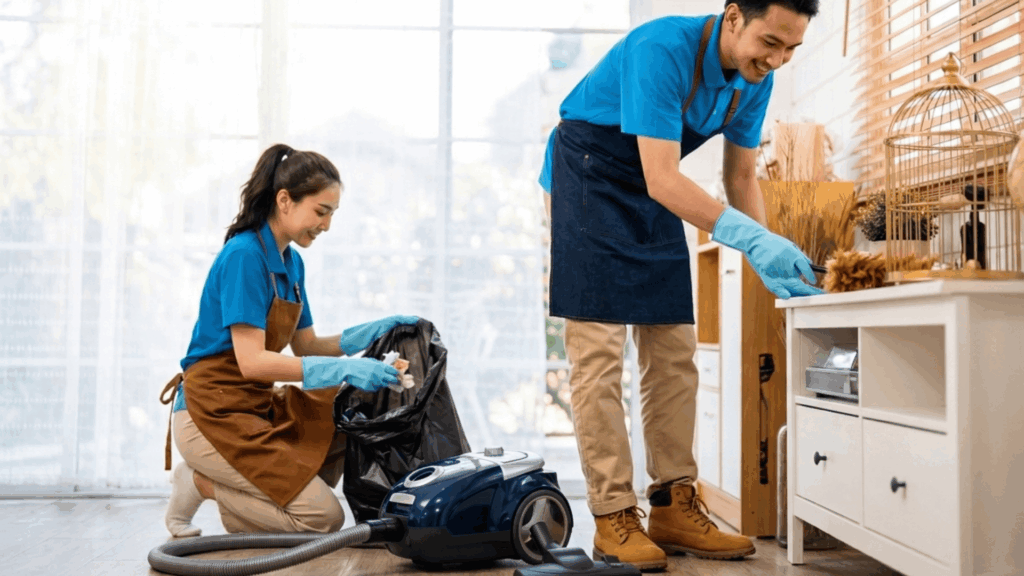 house cleaners tidying living room one dusting shelf while other collects trash beside vacuum cleaner