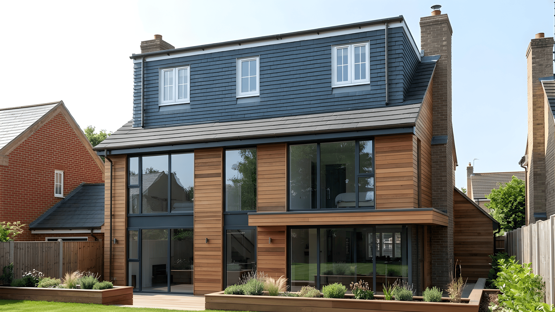 house with a combination of pitched roof type and dormer windows covered in slate shingles for a clean modern look