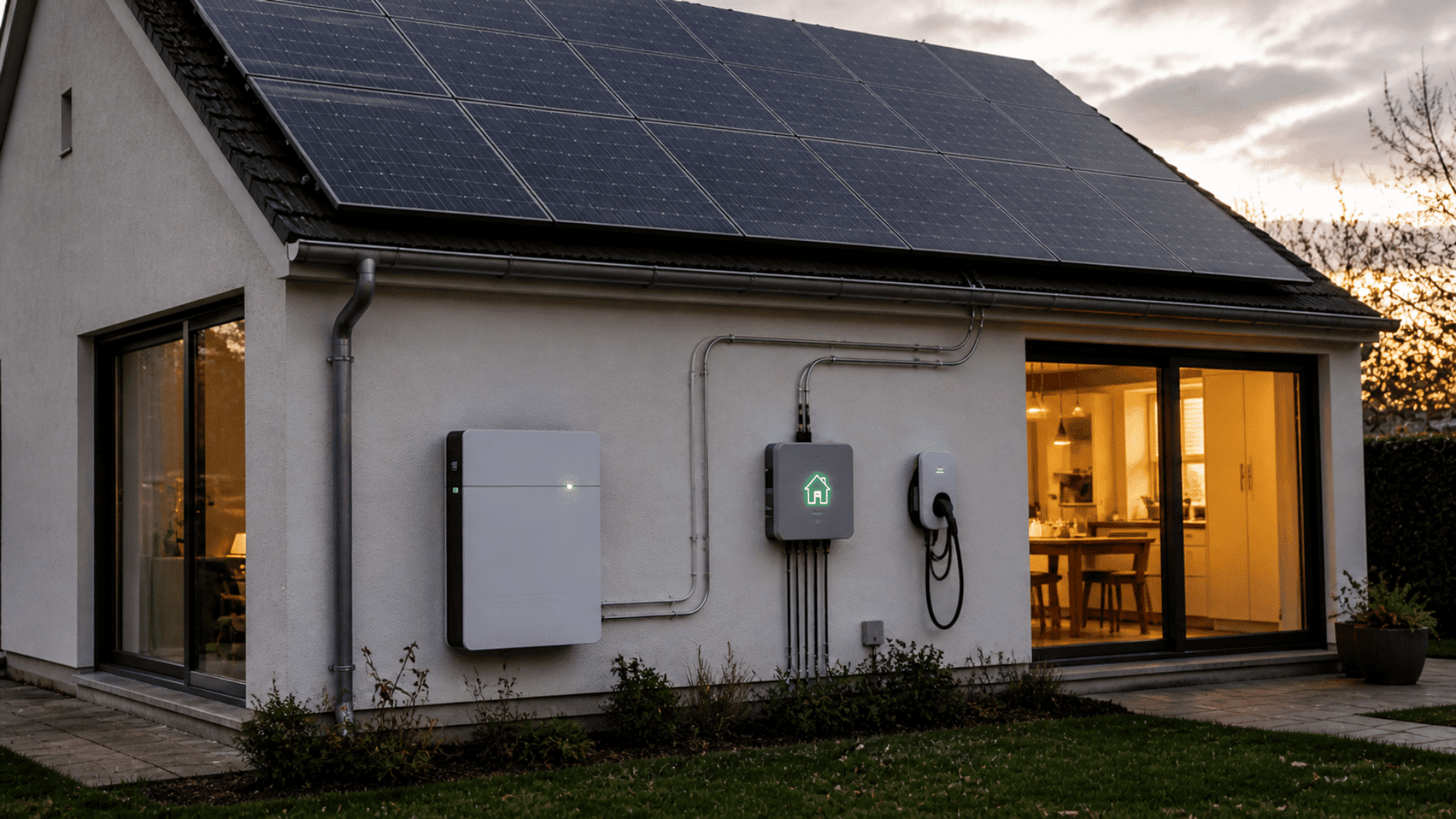 house with rooftop solar panels battery unit and wall mounted smart system connected to home power setup