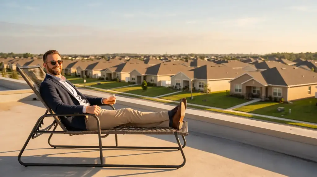 Man in sunglasses relaxing on rooftop lounge chair with suburban neighborhood view