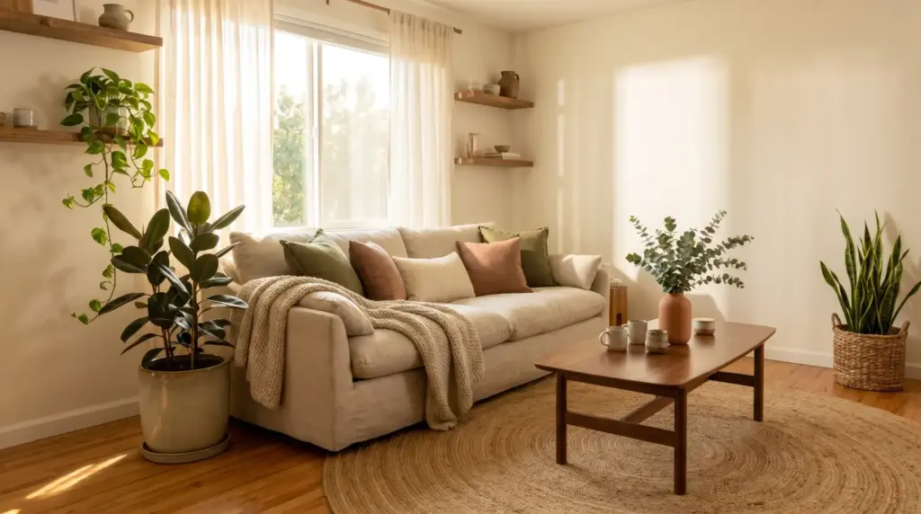 Cozy living room with beige sofa, colorful cushions, and plants near a window with natural light