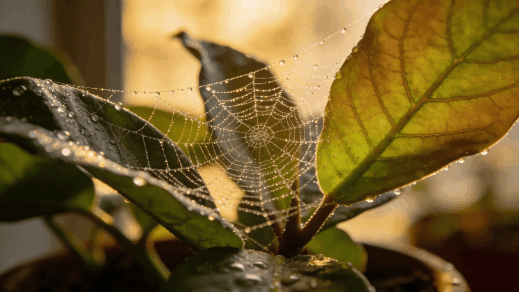 how to get rid of spider mites on indoor plants sunlight highlighting fine webbing between leaves showing early mite infestation