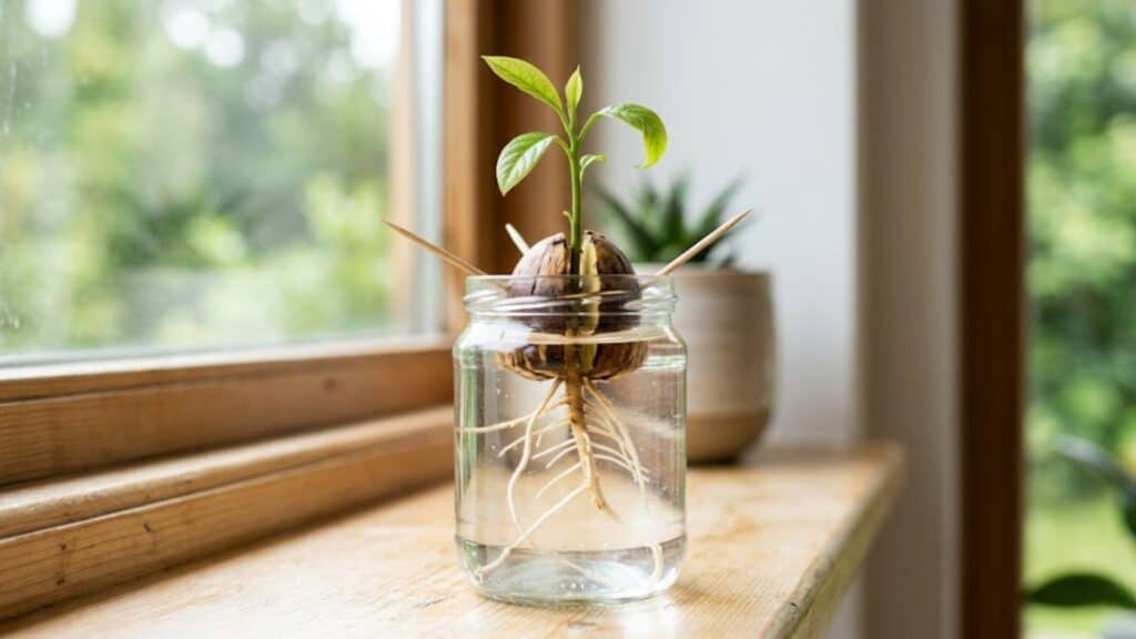 how to grow avocado from seed showing sprouting avocado pit in water with roots and stem near window