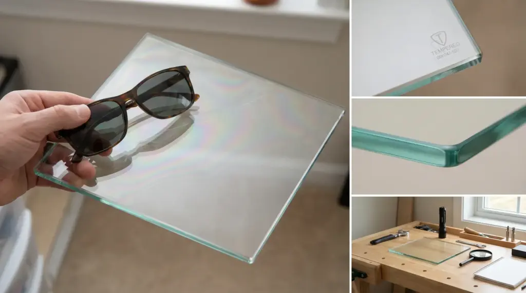 Close-up of tempered glass showing safety stamp, smooth edge, and stress patterns visible through polarized sunglasses.