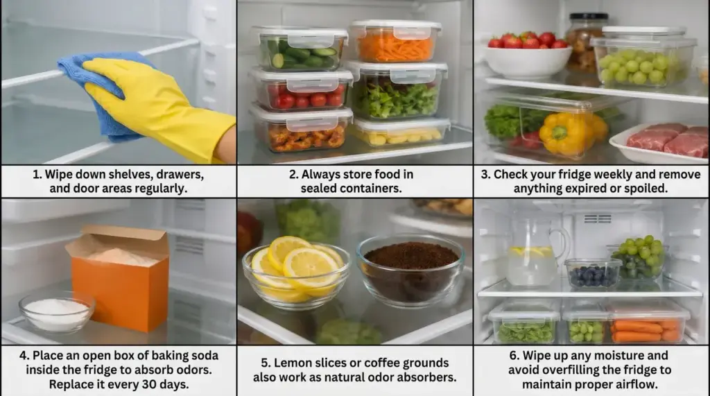 Collage showing fridge cleaning, sealed food containers, expired food check, baking soda, lemon slices, coffee grounds, and organized fridge airflow zones