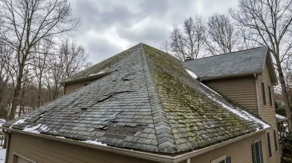Worn shingle roof with moss and peeling areas on suburban house amid leafless trees