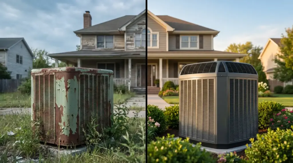 Old rusty and new modern air conditioning units in front of houses under open sky