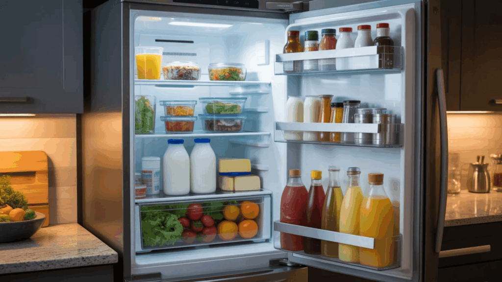 how to organise fridge with milk bottles juice containers glass food containers and fresh vegetables