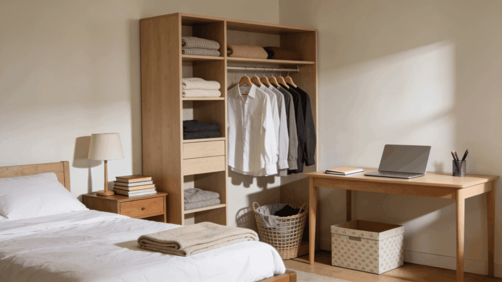 how to organize your room with wardrobe desk and neat storage for clean simple bedroom layout