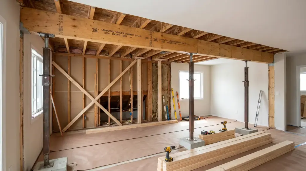 Load-bearing wall reinforcement with an LVL beam and support posts during a home renovation project.