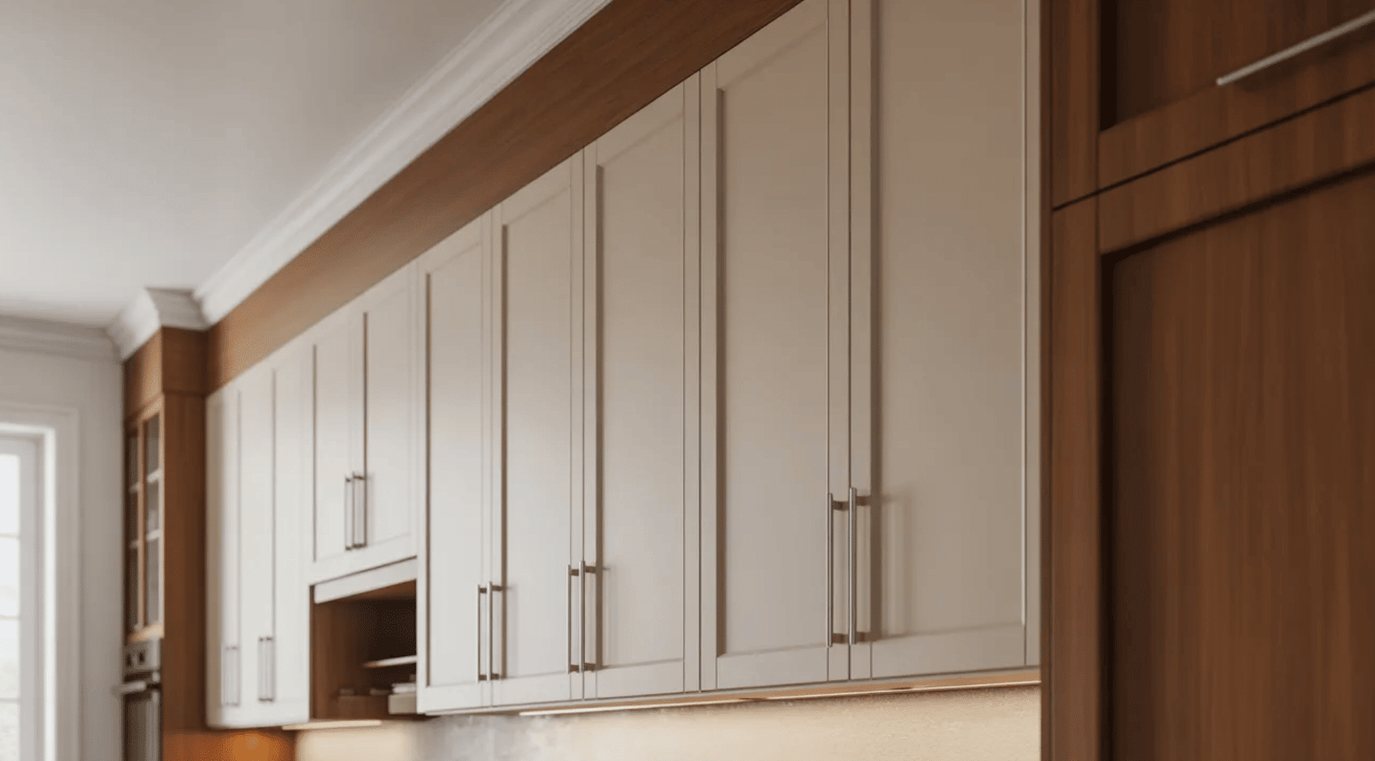 Kitchen cabinets to ceiling with light wood accents and modern handles