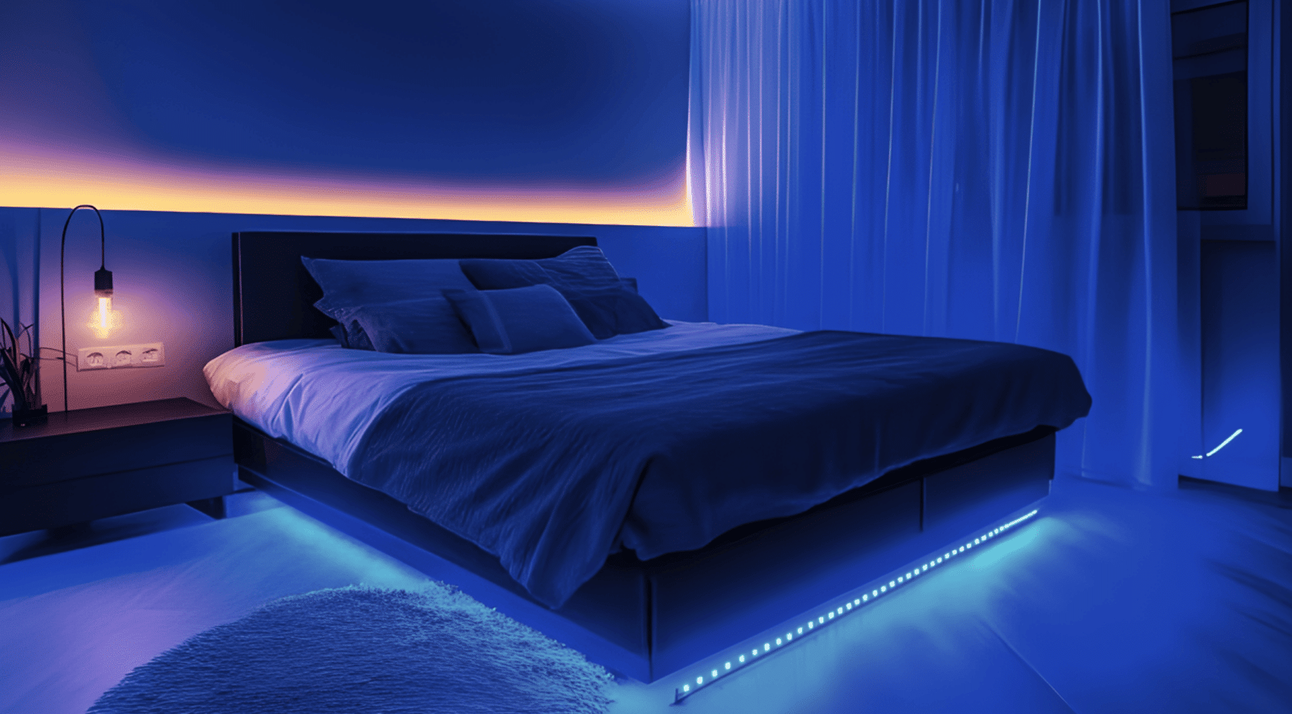 Modern bedroom with blue LED lighting under bed, floating headboard, soft bedding and ambient glow styled for mens room decor