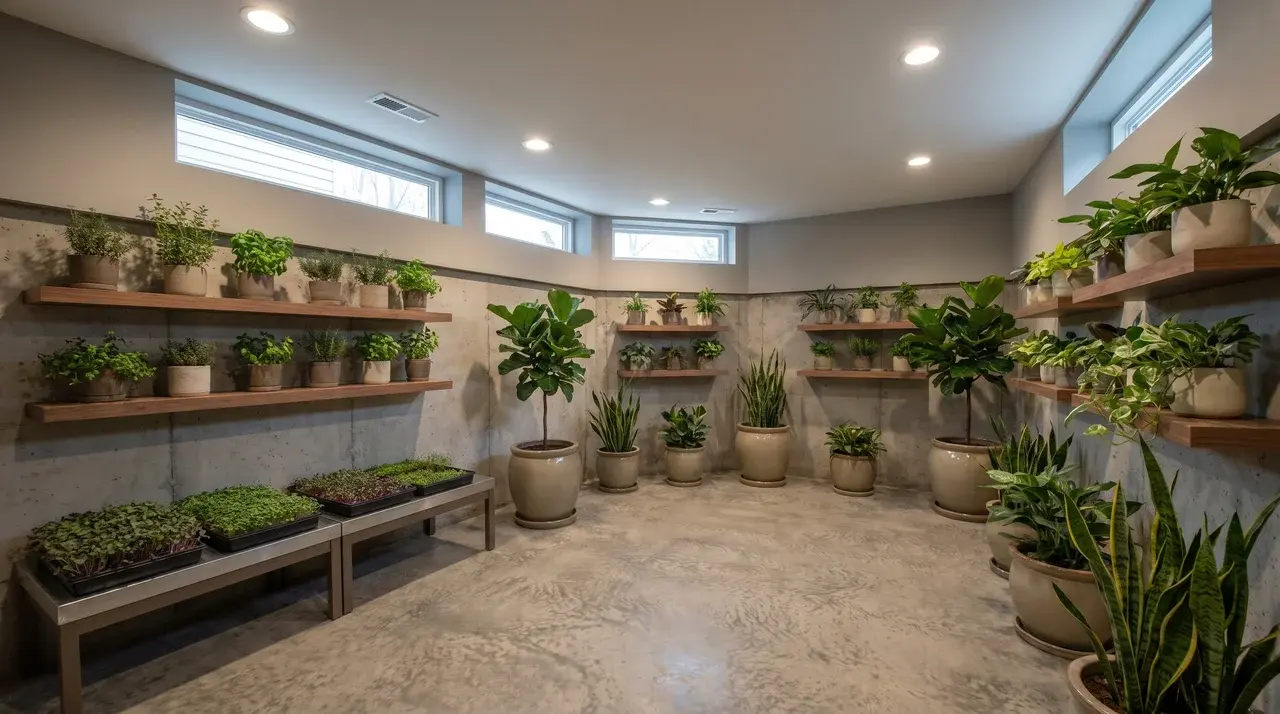 Basement indoor garden with herb containers and elevated windows