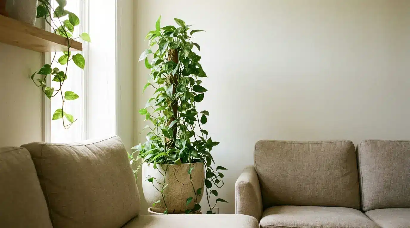 Potted plant on beige couch in well-lit living room with large windows