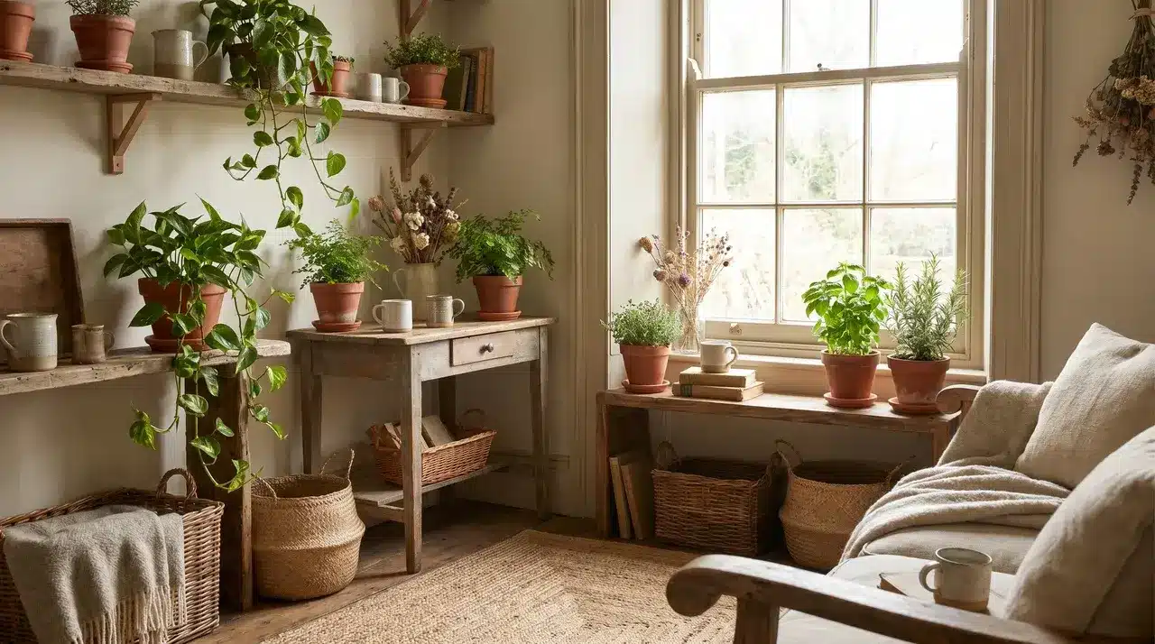 Pothos, ferns, and herb pots in terracotta containers on shelves beside a sunlit window