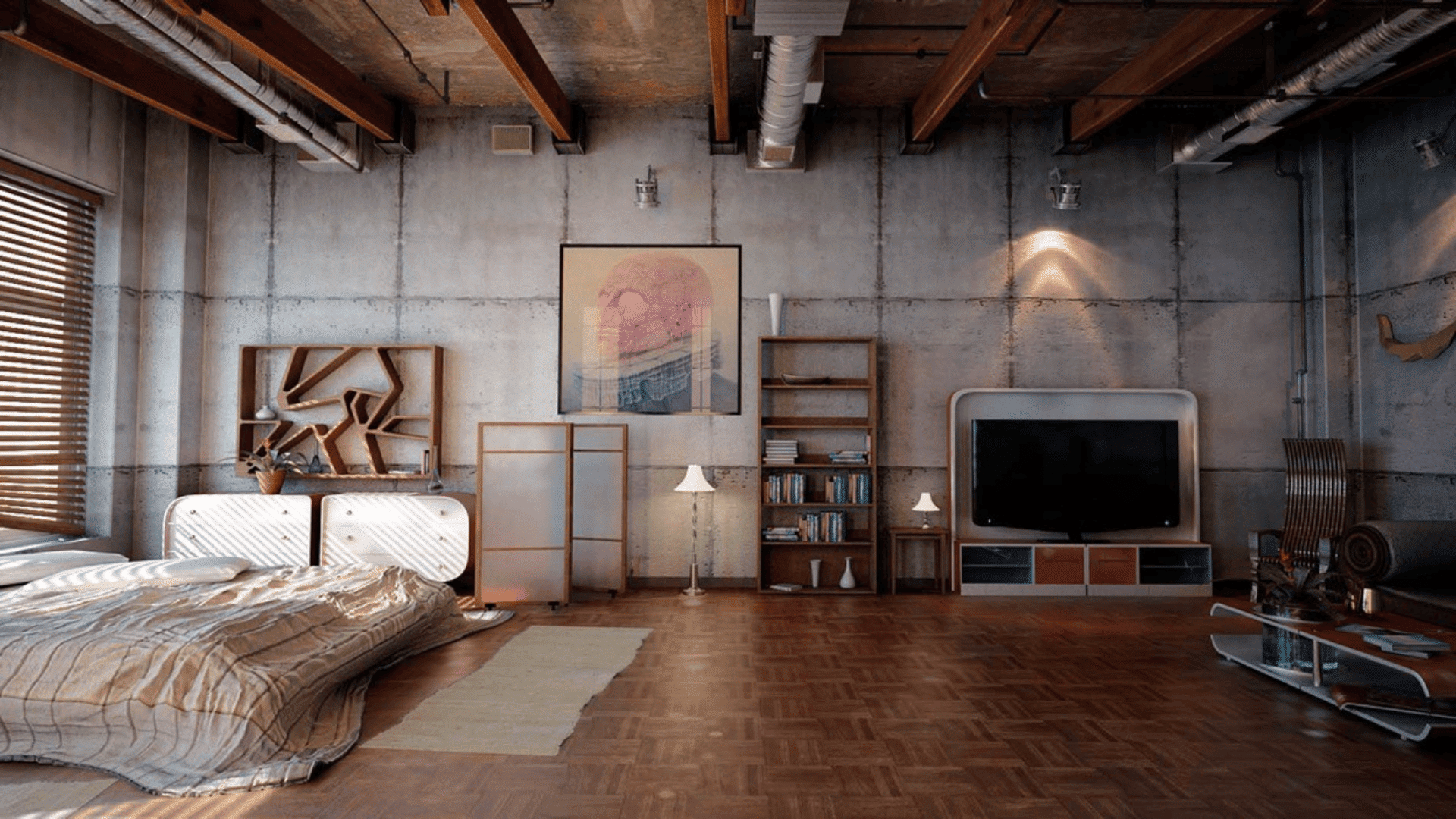 Industrial loft bedroom with exposed beams, concrete walls, low bed, shelves, TV and lighting styled for mens room decor