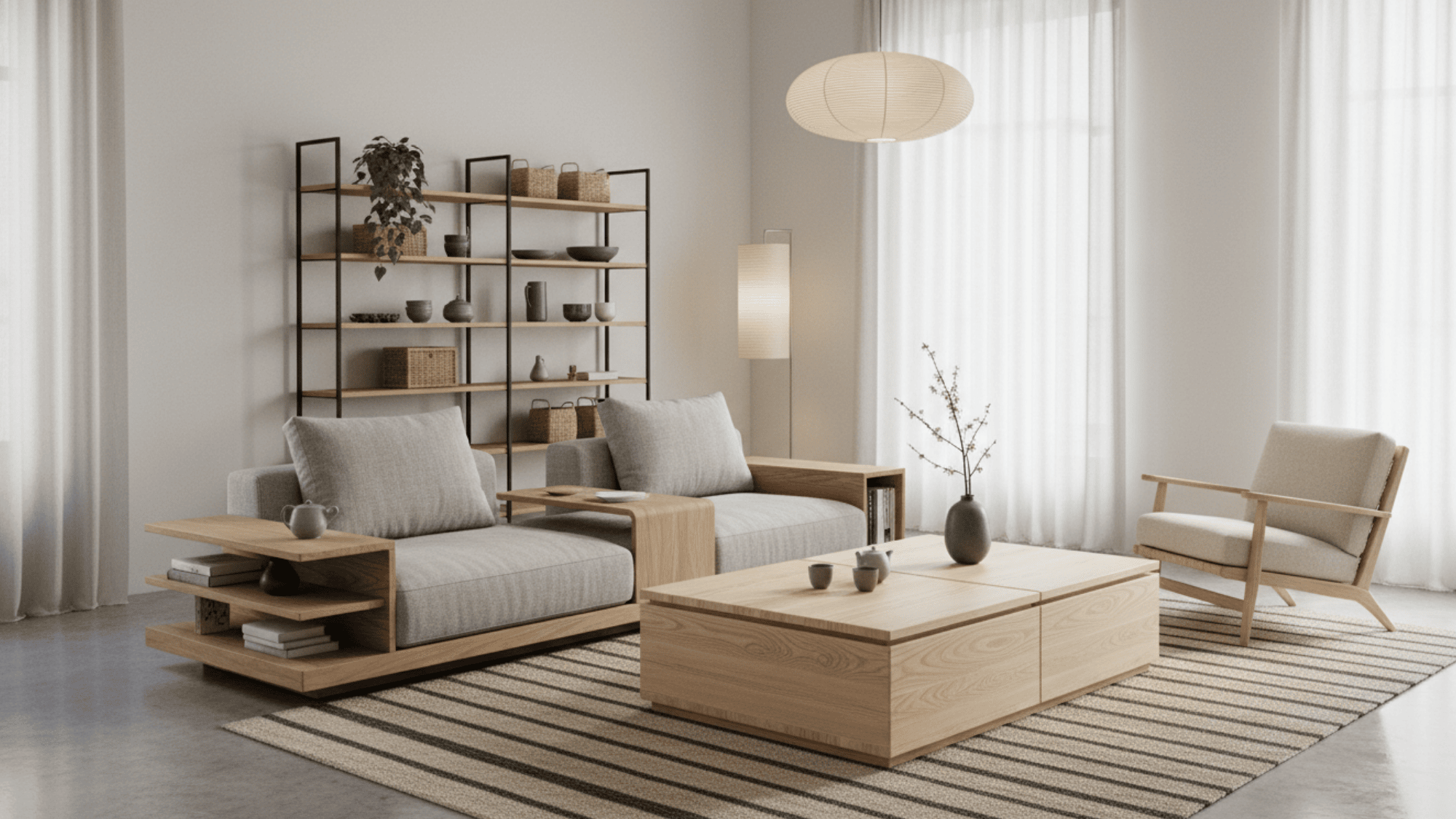 Japandi living room with functional furniture, simple layout, wood pieces and clean calm space design