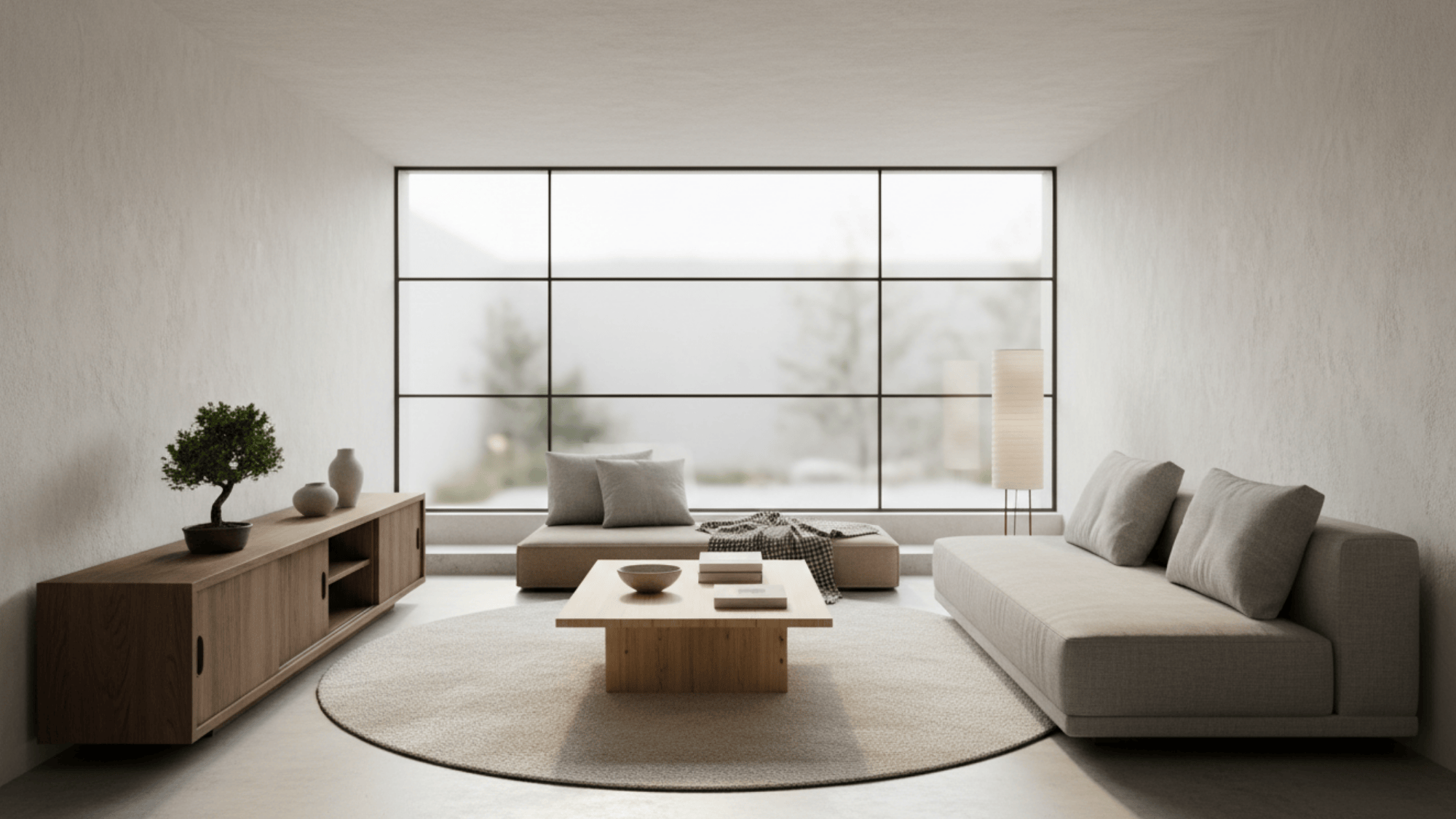 Japandi living room with low sofa, simple furniture, clean lines, soft tones and calm open space design