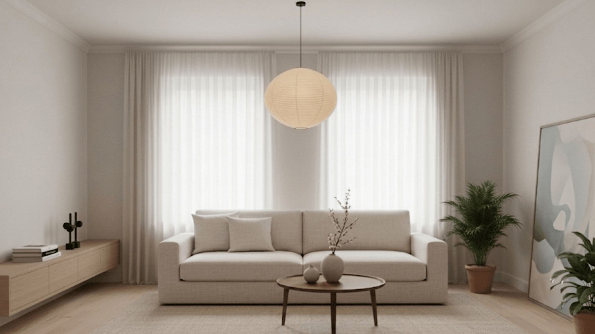 Japandi living room with minimal decor, soft tones, simple furniture and clean calm open space design