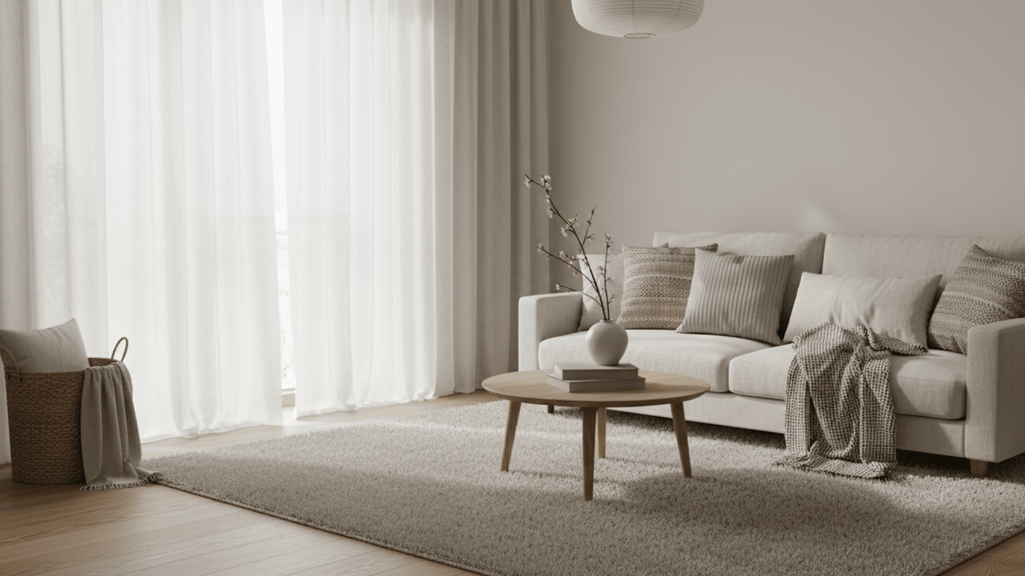 Japandi living room with natural textures, soft rug, linen cushions, wood table and calm simple space