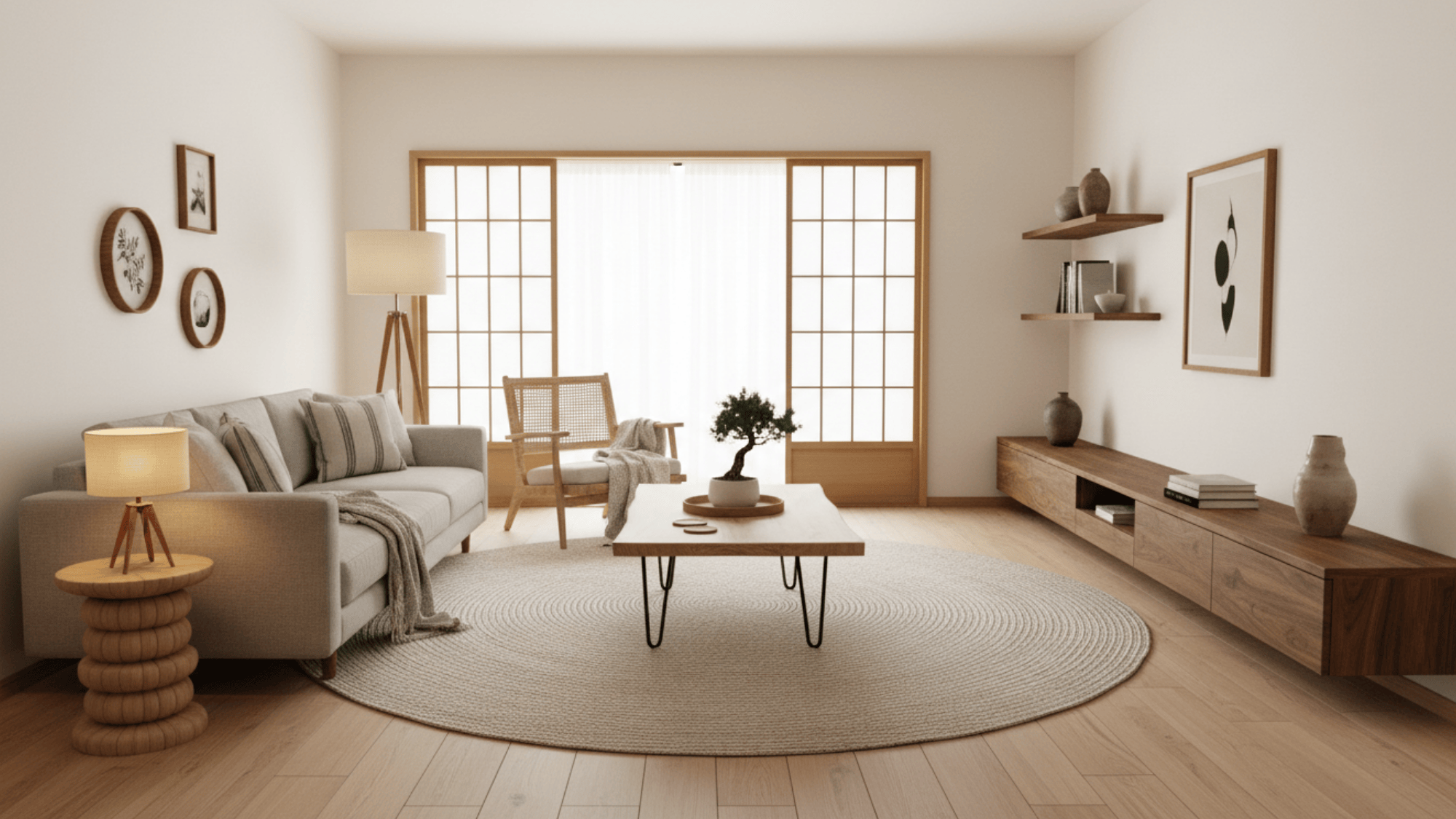 Japandi living room with natural wood furniture, soft tones, simple decor and warm calm space design